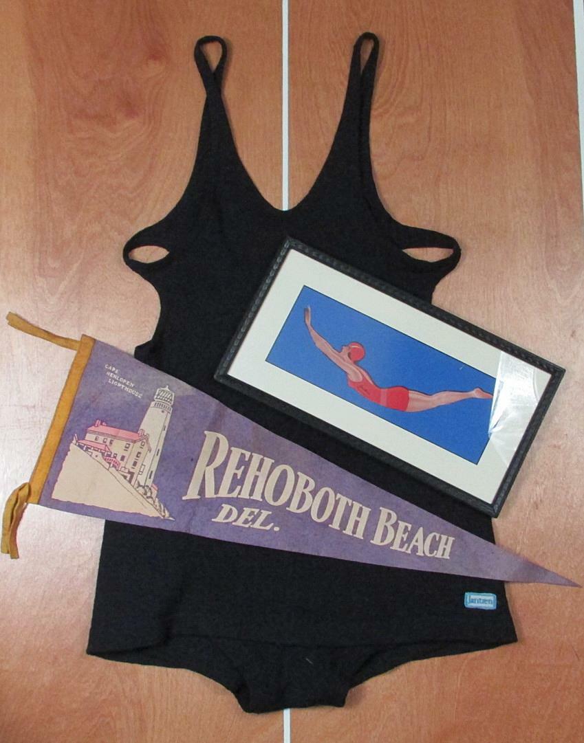 Vintage Jantzen Antique Wool Swimsuit w/Orig.Decal Framed Rehoboth Beach Pennant