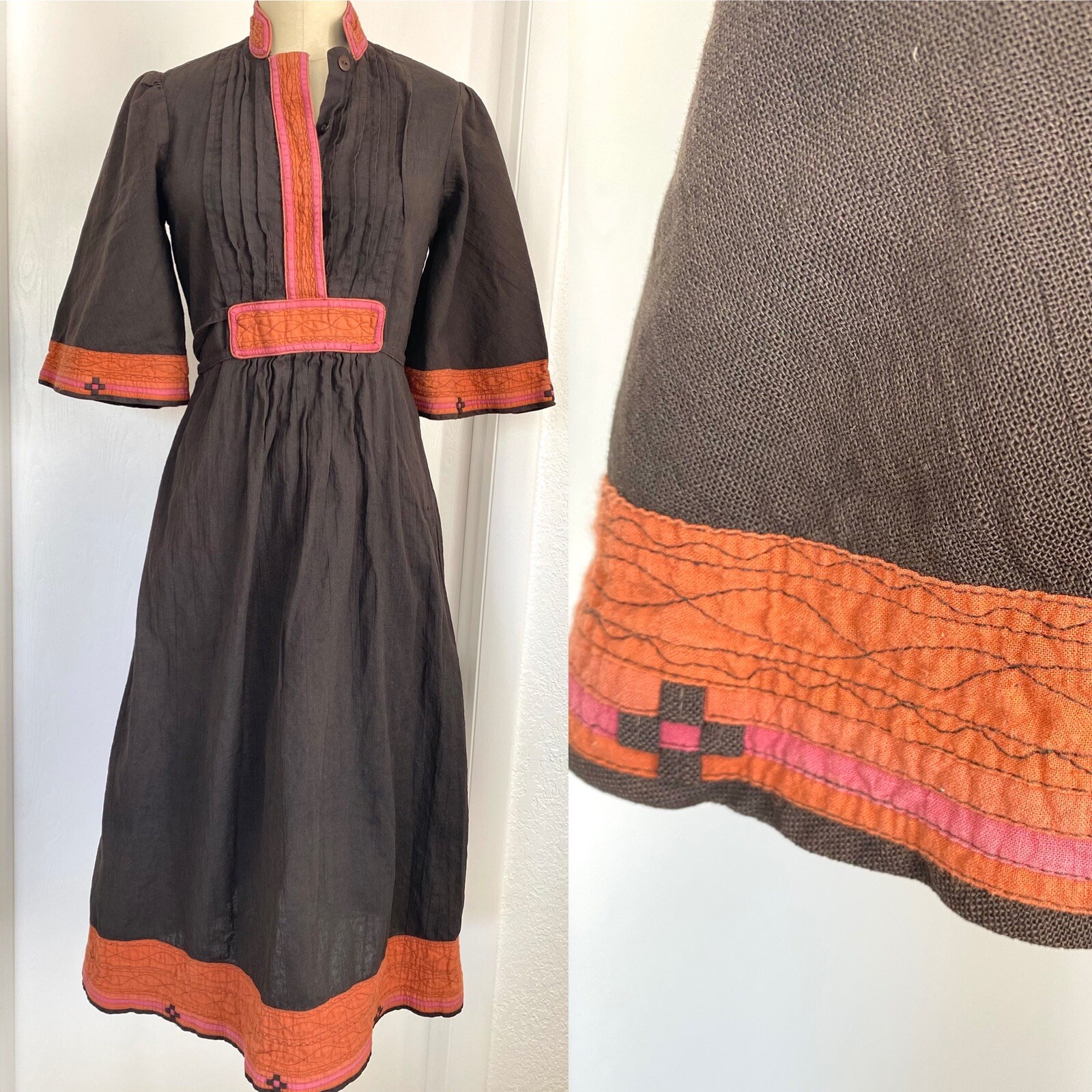 Vtg 70’s Indian Brown Orange Embroidered Tie Waist Bell Sleeve Dress Neepa XS
