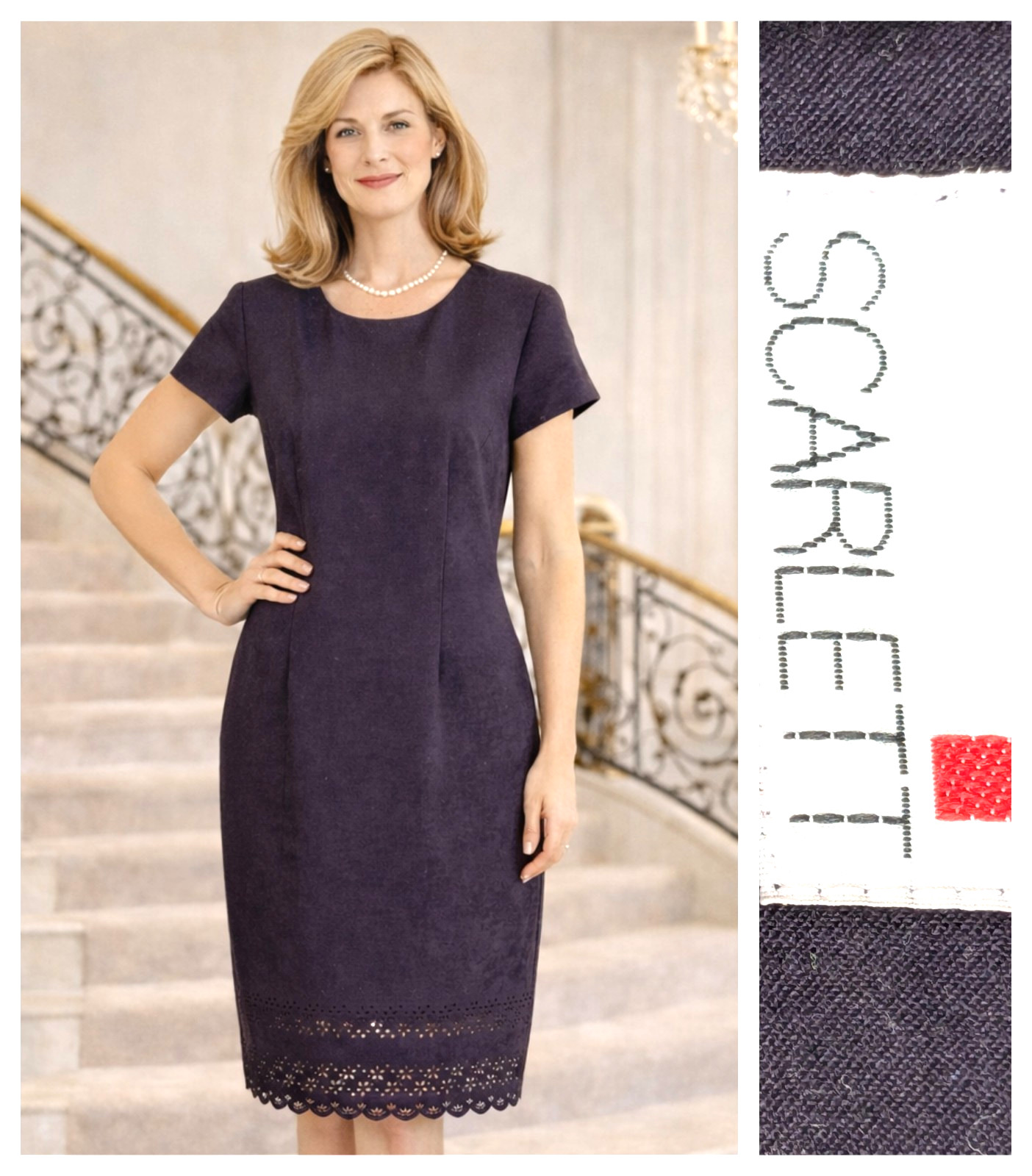 Scarlett Vintage Purple Eggplant Velvet Eyelet Hem Short Sleeve Sheath Dress 14