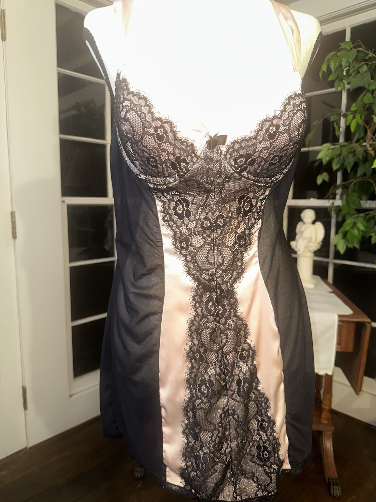 Vintage 90s Large Pink And Black Babydoll Negligee Nightgown Lingerie Lace Sexy