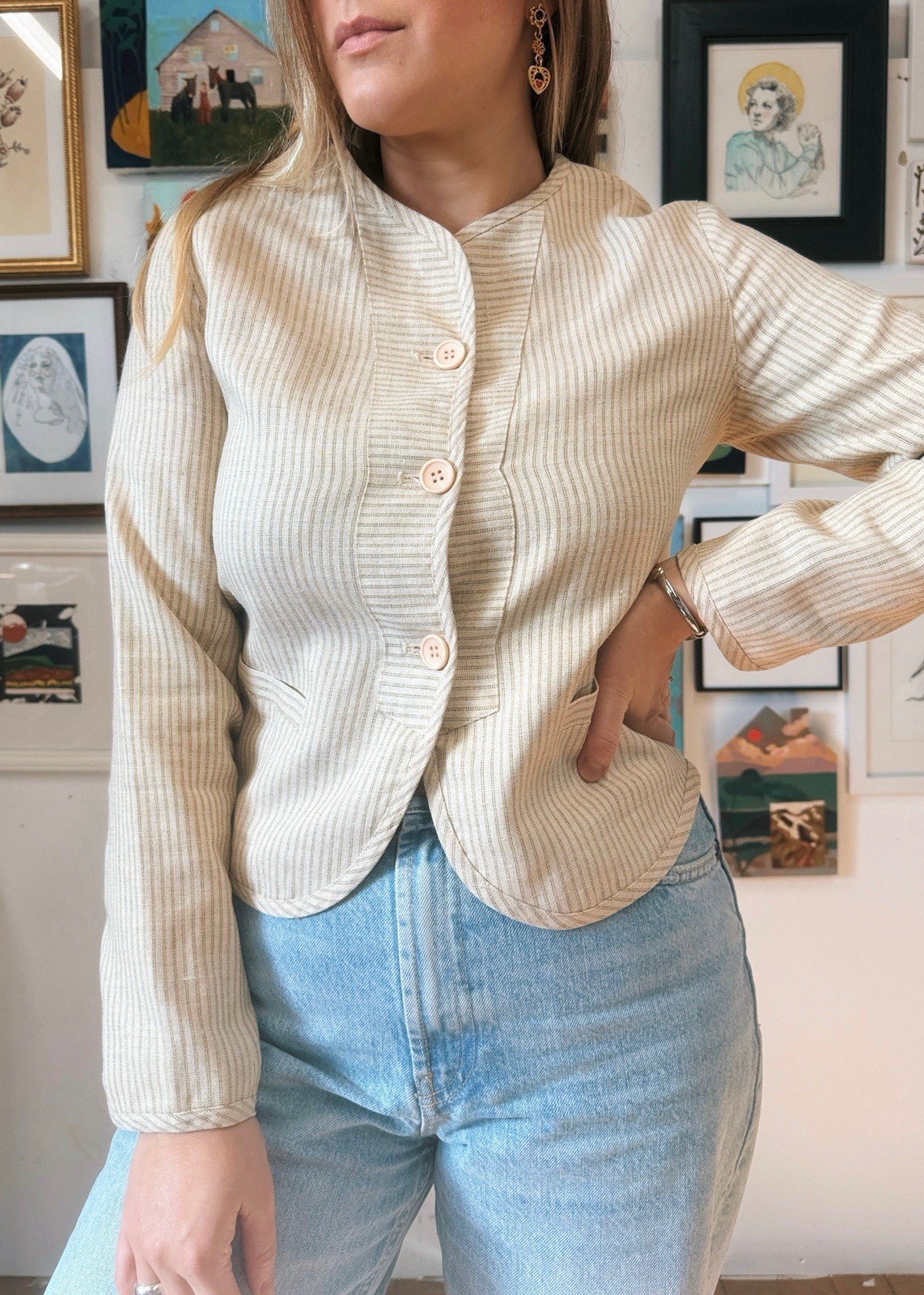 Vintage 1980s Bern Conrad Blazer Tan Striped Linen Blend Top Designer Jacket