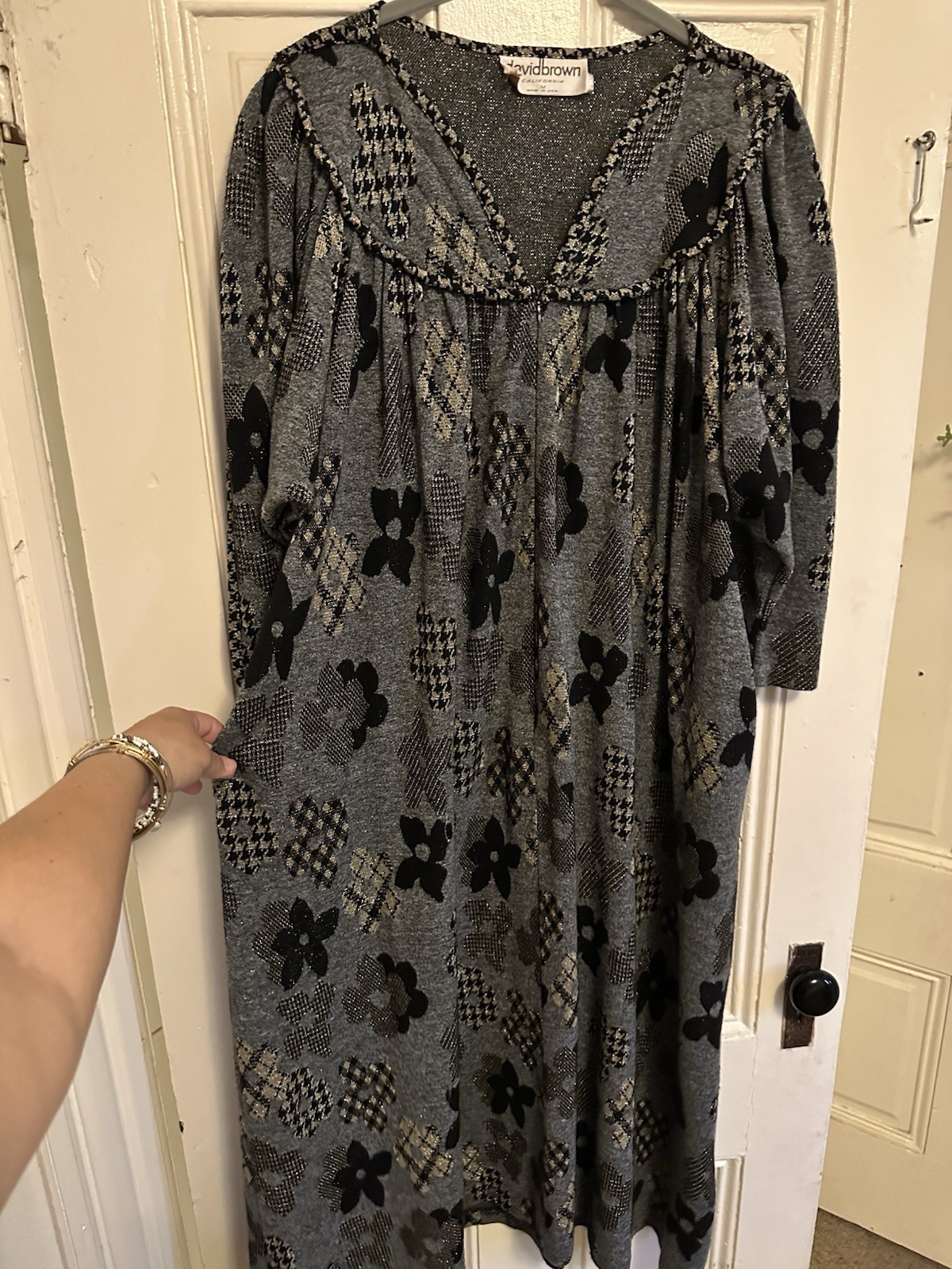 Stunning David Brown, 1970s metallic balloon sleeve houndstooth flower dress