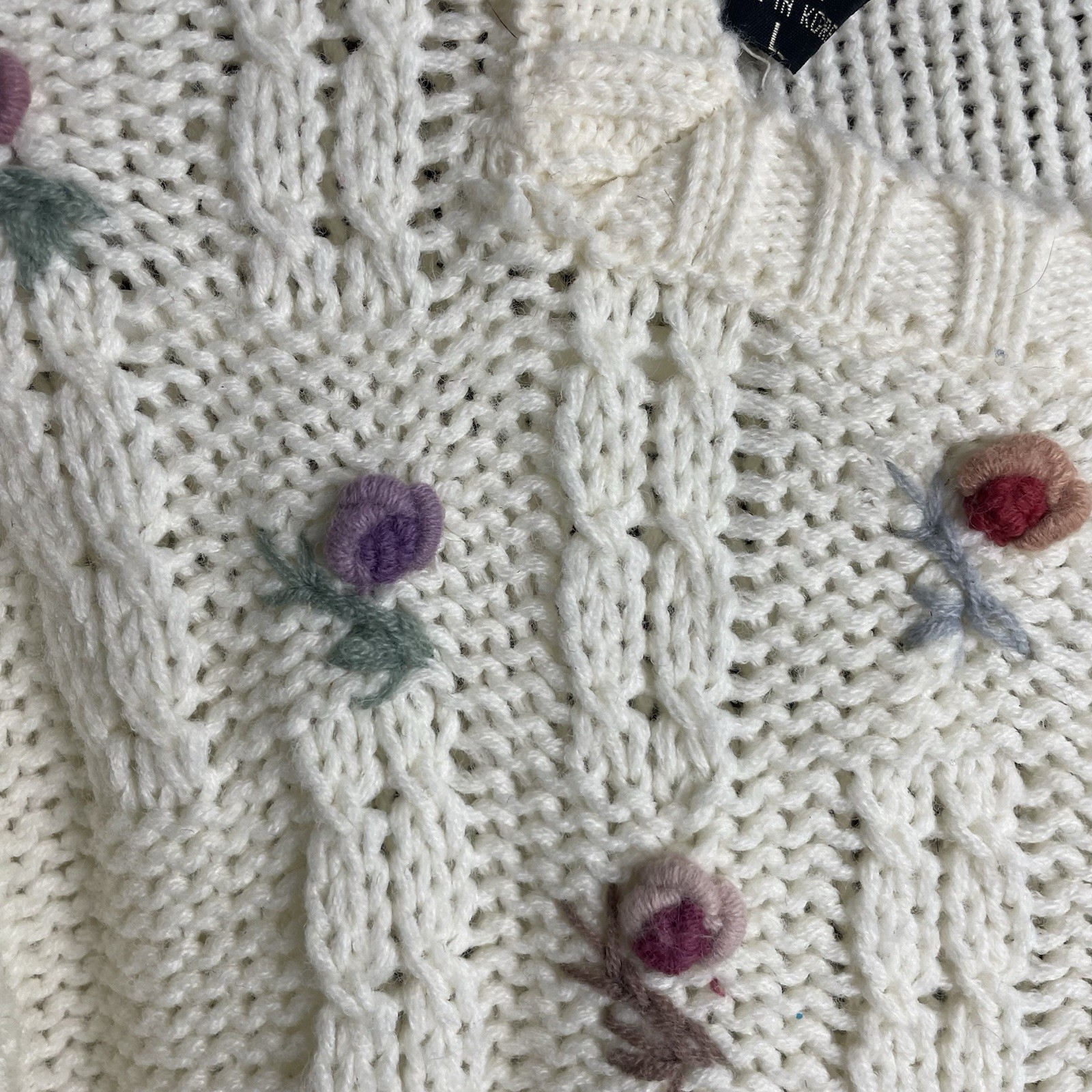 Vintage Mariea Kim Knit Grandma Sweater White Knit Floral Fitted Cottagecore