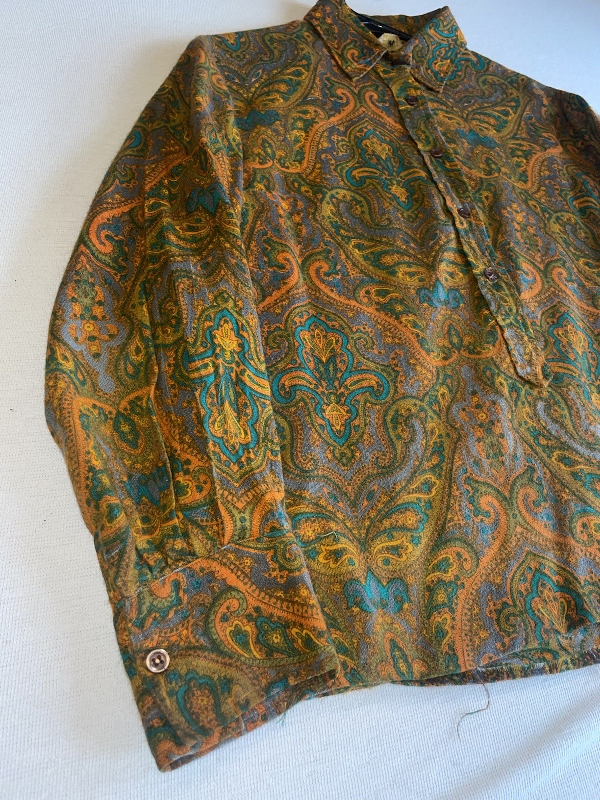 VINTAGE 50s 60s Collar Button Shirt Rockabilly Paisley Hippy Boho S Psychedelic