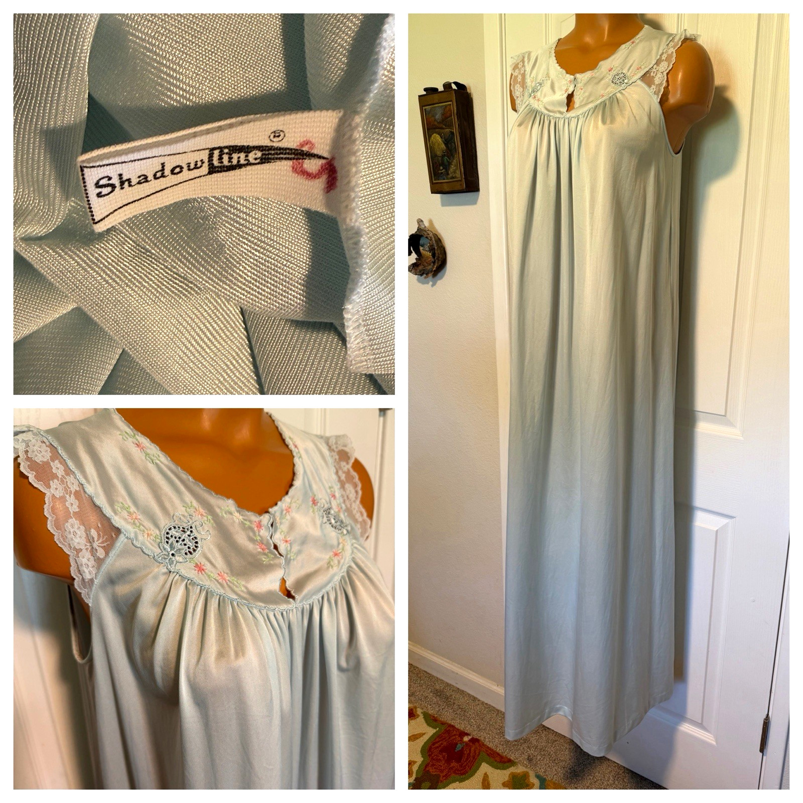 VTG 70’s SHADOWLINE SOFT BLUE W/ EMBROIDERED YOKE & LACE TRIM NIGHTGOWN SZ S