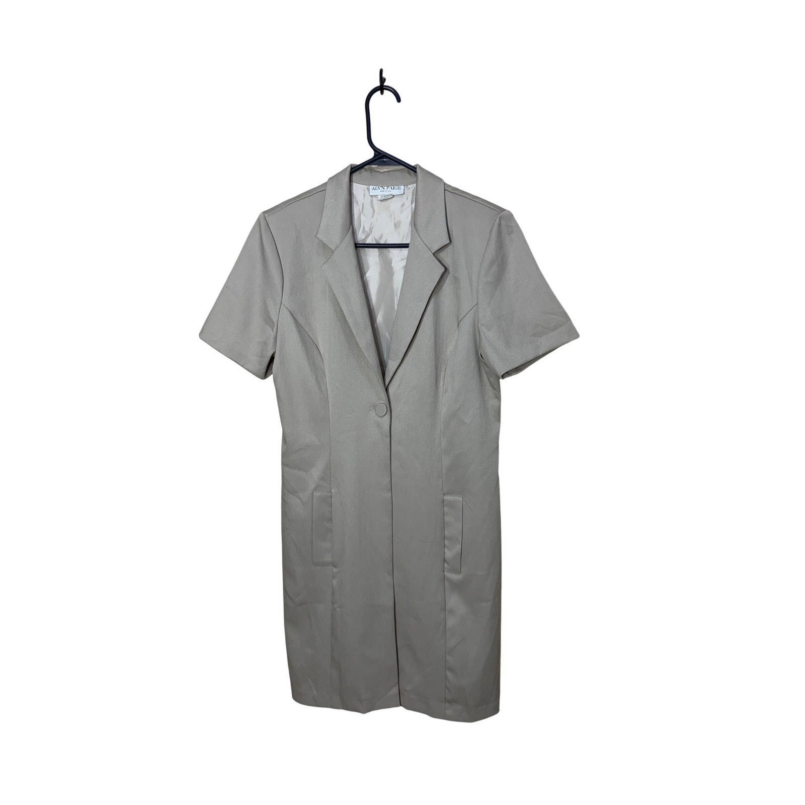 Alyn Paige Vintage Long Line Blazer Tan Short Sleeve Single Button Size 9/10 USA