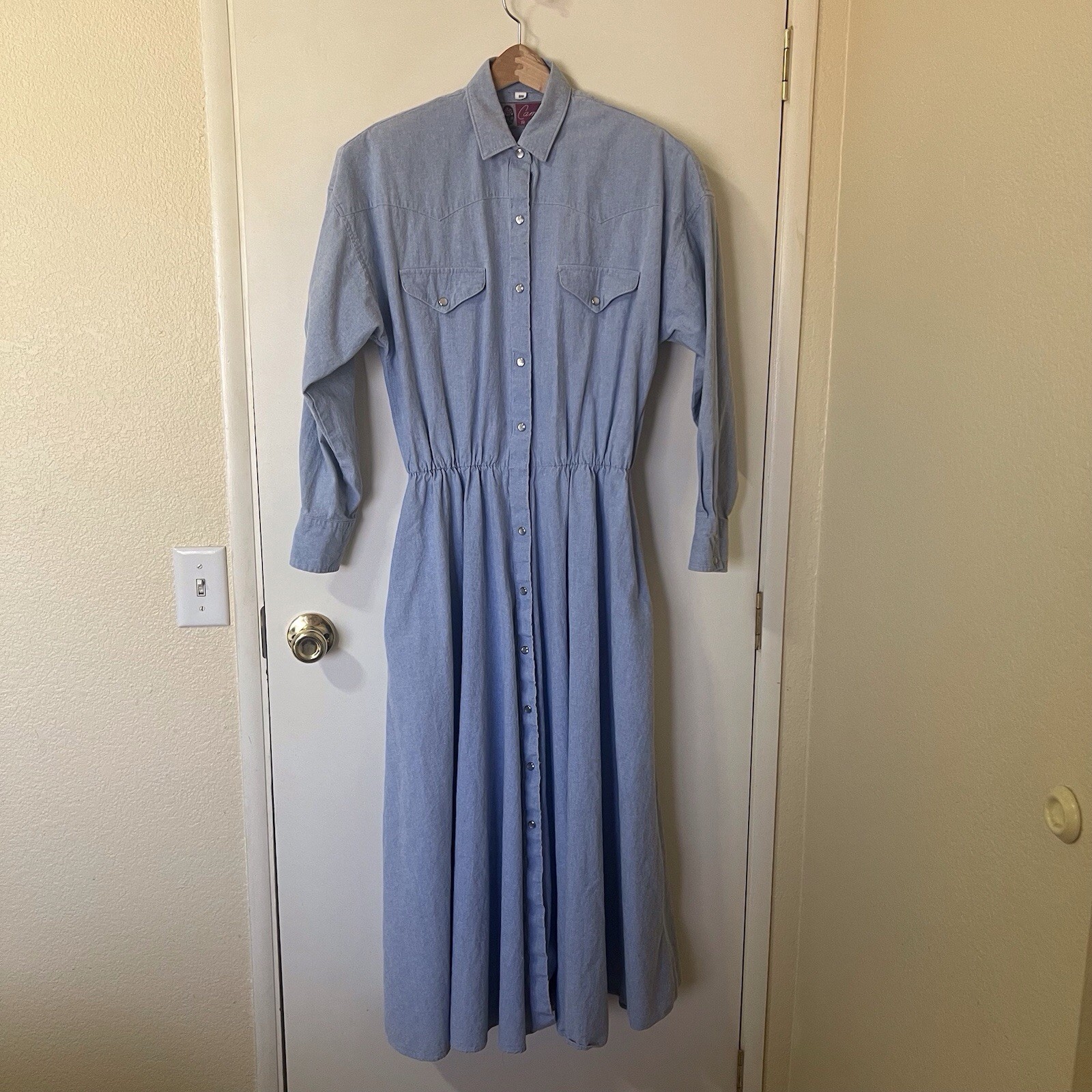 Vtg 80s Western Maxi Shirt Dress Pearl Snap Elastic Waist Pockets 9/10 Cowgirl