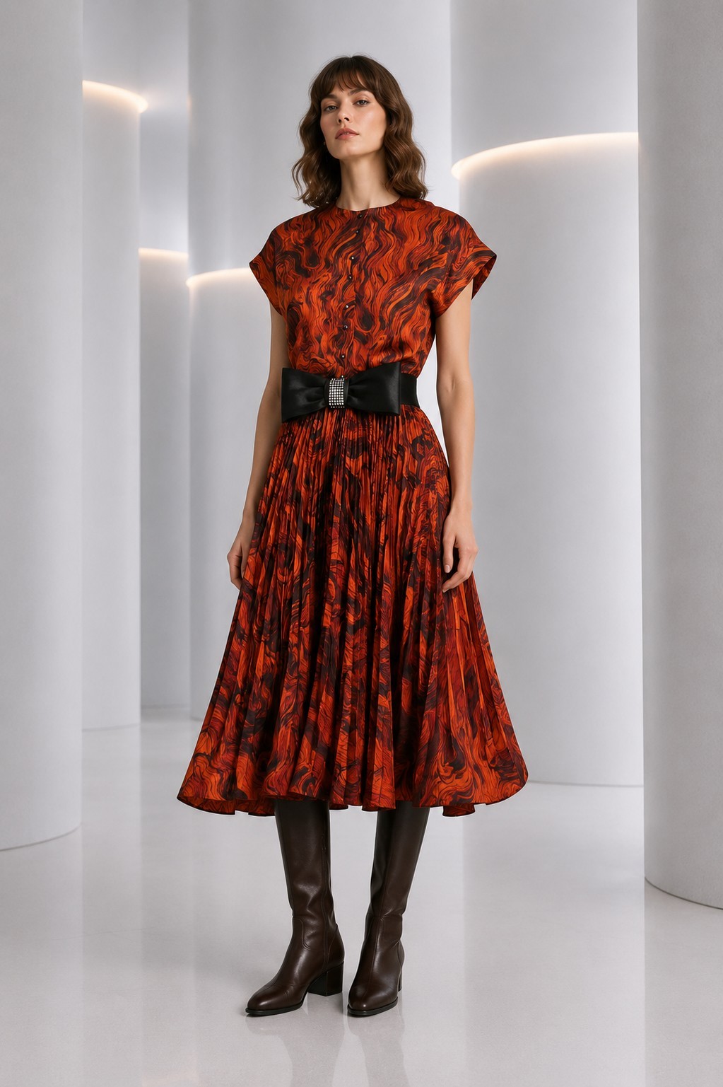 PIERRE CARDIN – 1980s Orange Printed Satin Ensemble, Size-6