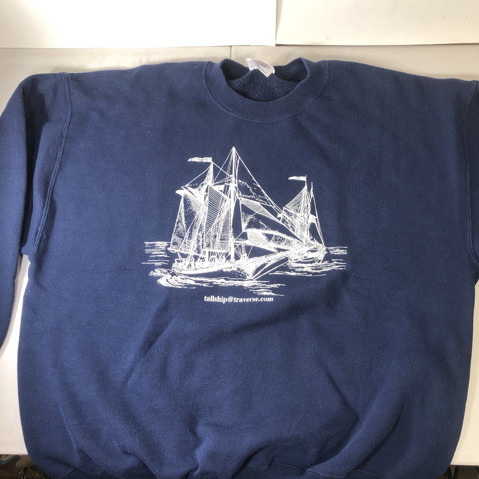 Vtg 1990s JERZEES Sweatshirt Super Sweats 90s Tall Ship Traverse City Blue XL