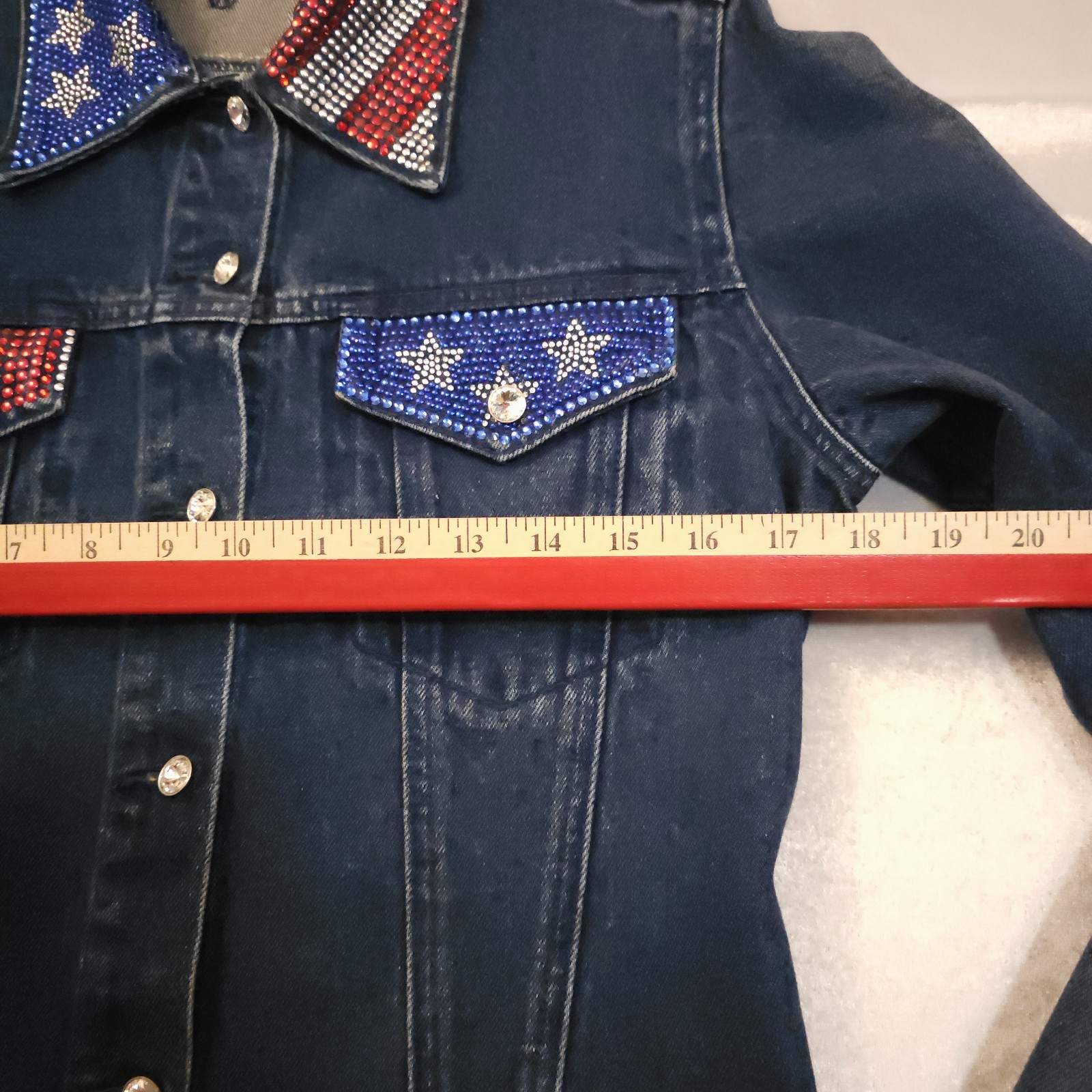Vintage 90s Heritage Denim Rhinestone American Flag Jacket Christine Alexander S