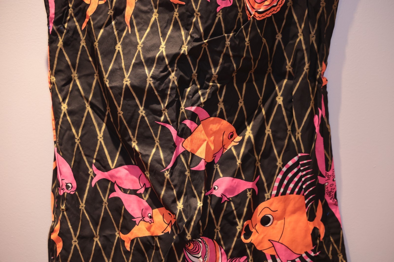 Vintage Sleeveless Dress Fish Octopus Sea Black Gold Pink Orange S/M *** RARE