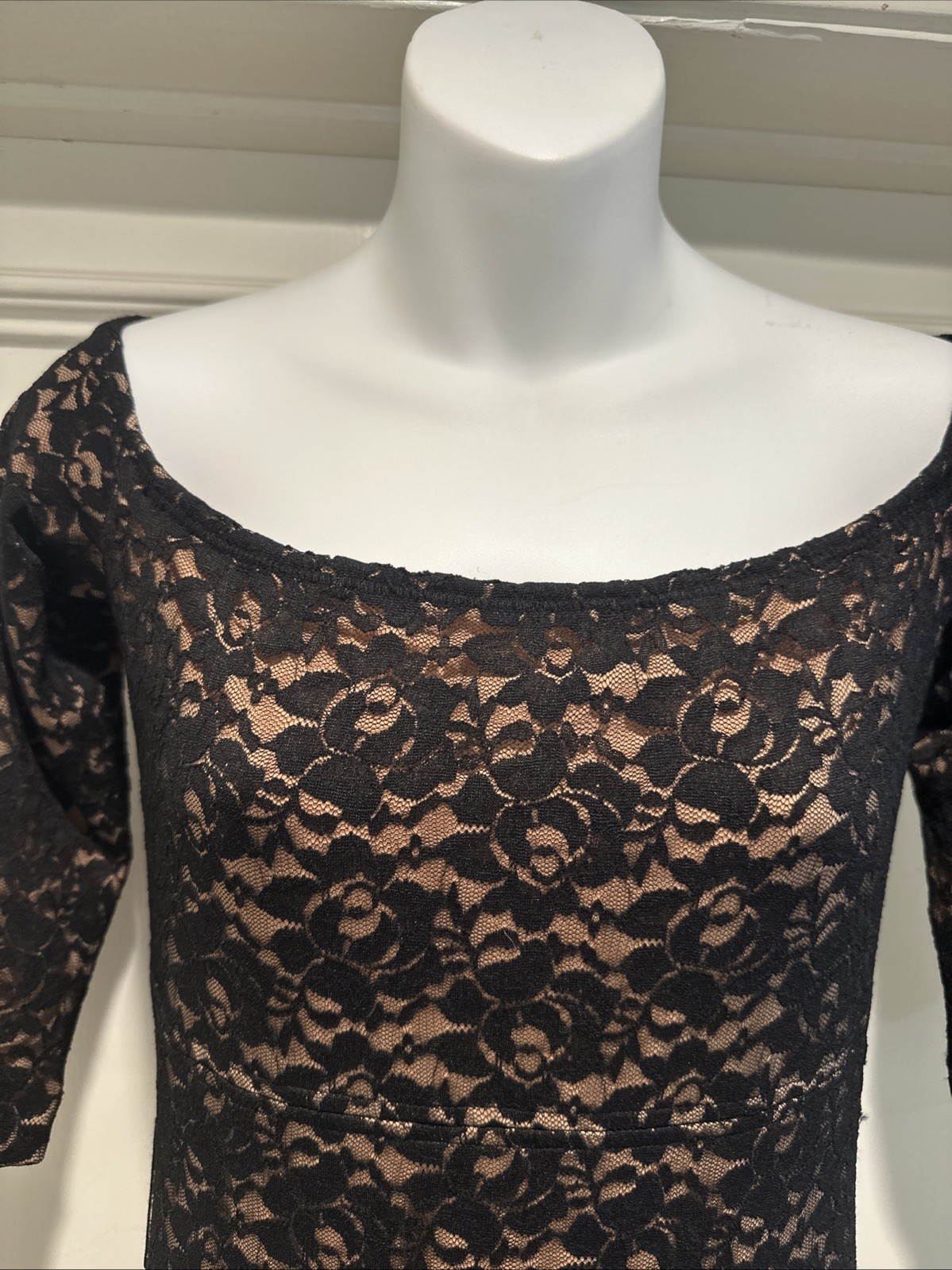 Omo Norma Kamali 90s Black Lace & Nude Shoulder Baring Empire Mermaid Maxi L