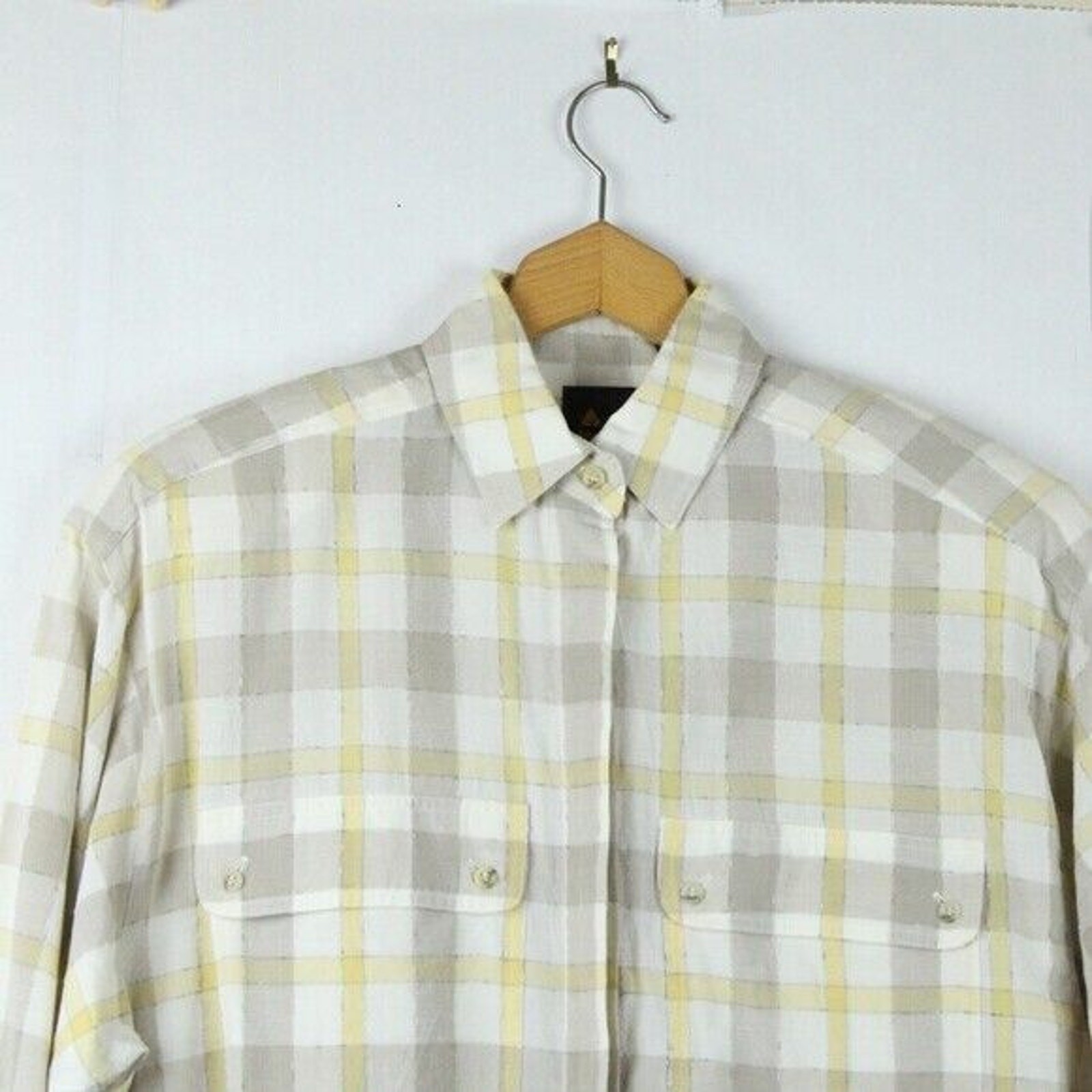 Vintage 90s Medium Button Up Top Butter Yellow Plaid Preppy Oversized Boyfriend