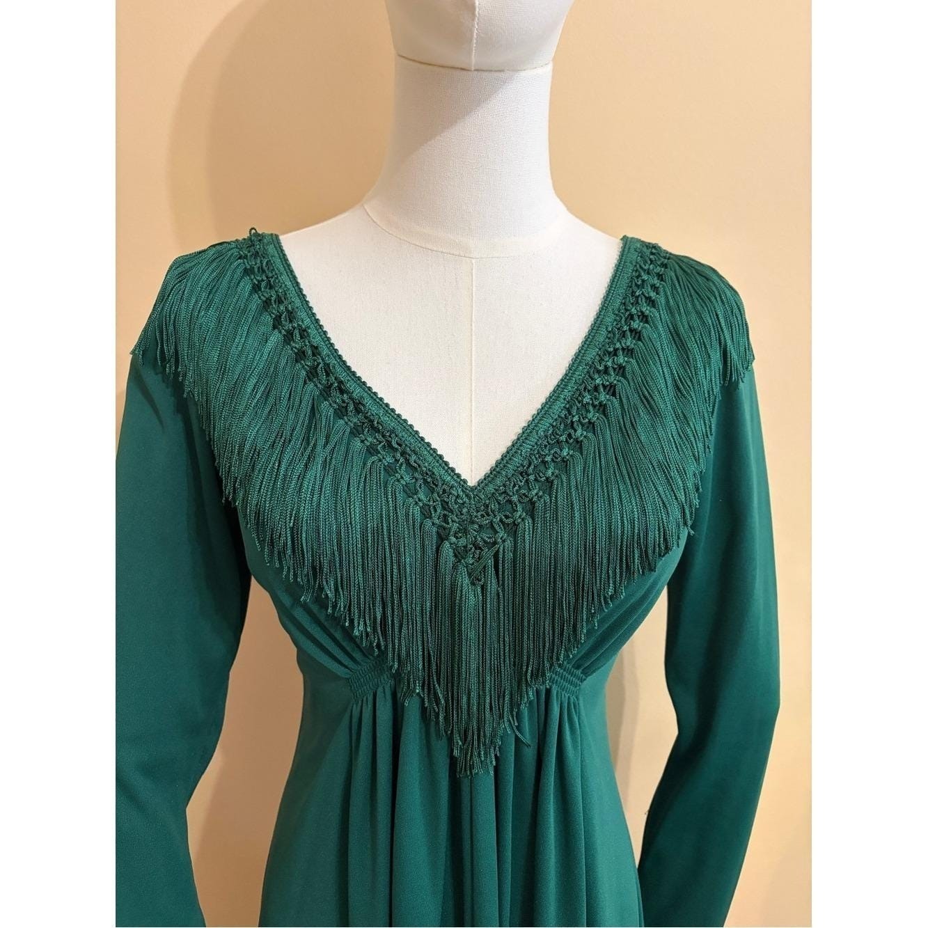 1970’s Deep Green Empire Waist Fringe V-Neck with Macrame Tassel Maxi Dress