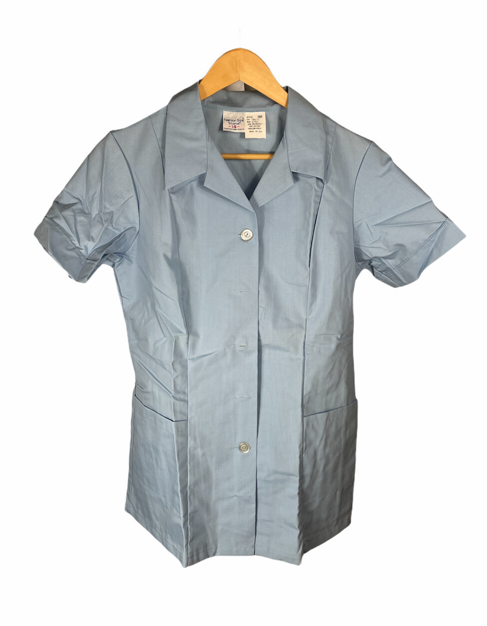 Vintage 70s Fashion Seal Shane Collared 2 Pocket Blue Nurse Scrub Shirt Size 14
