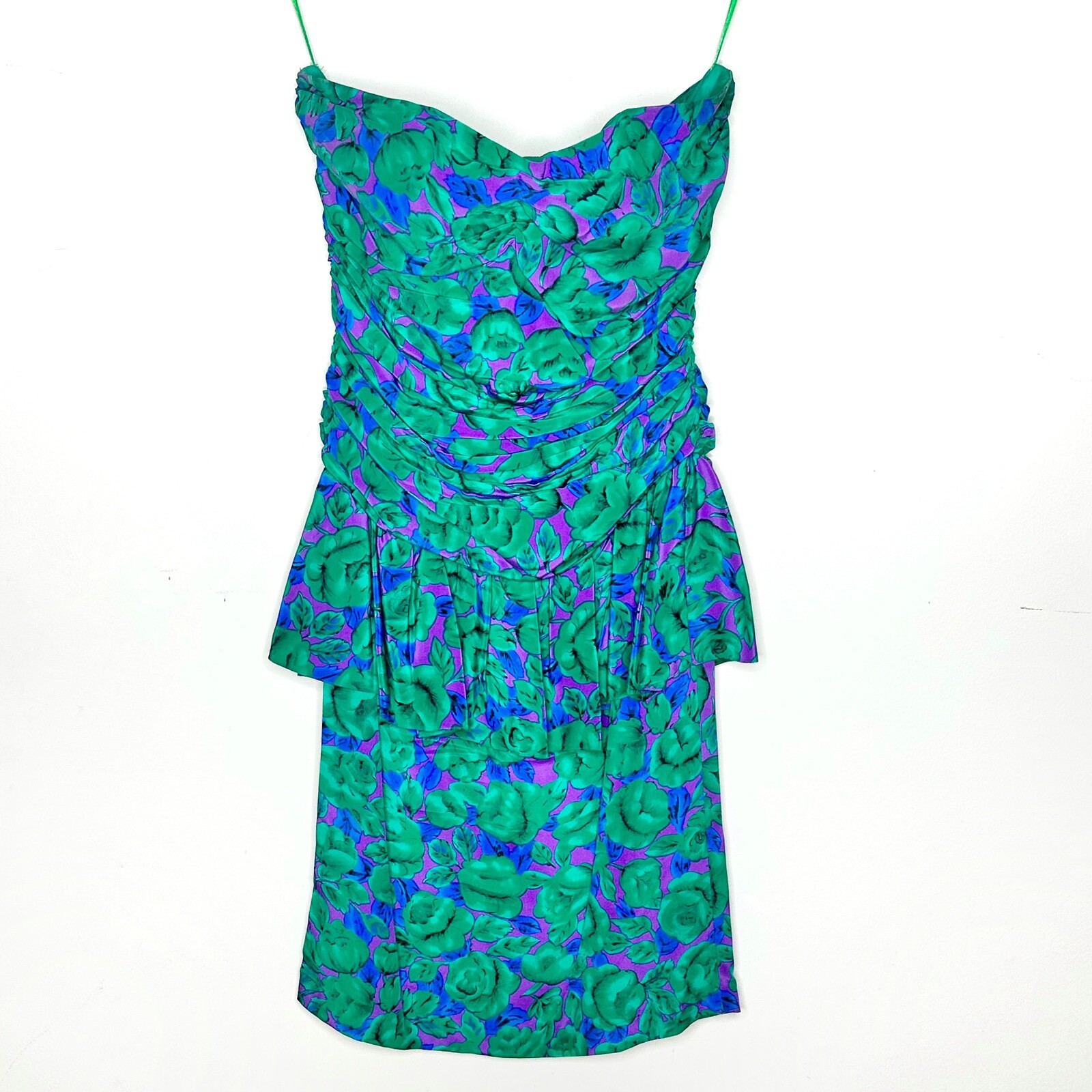 Vintage Kathryn Conover NY 100% Silk Strapless Peplum Floral Dress Size 6