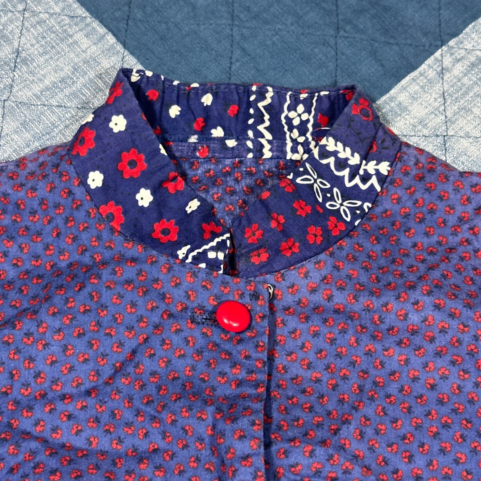 Vintage 70s Patchwork Bandana Prairie Dress Navy Red Button Down Modest Juniors