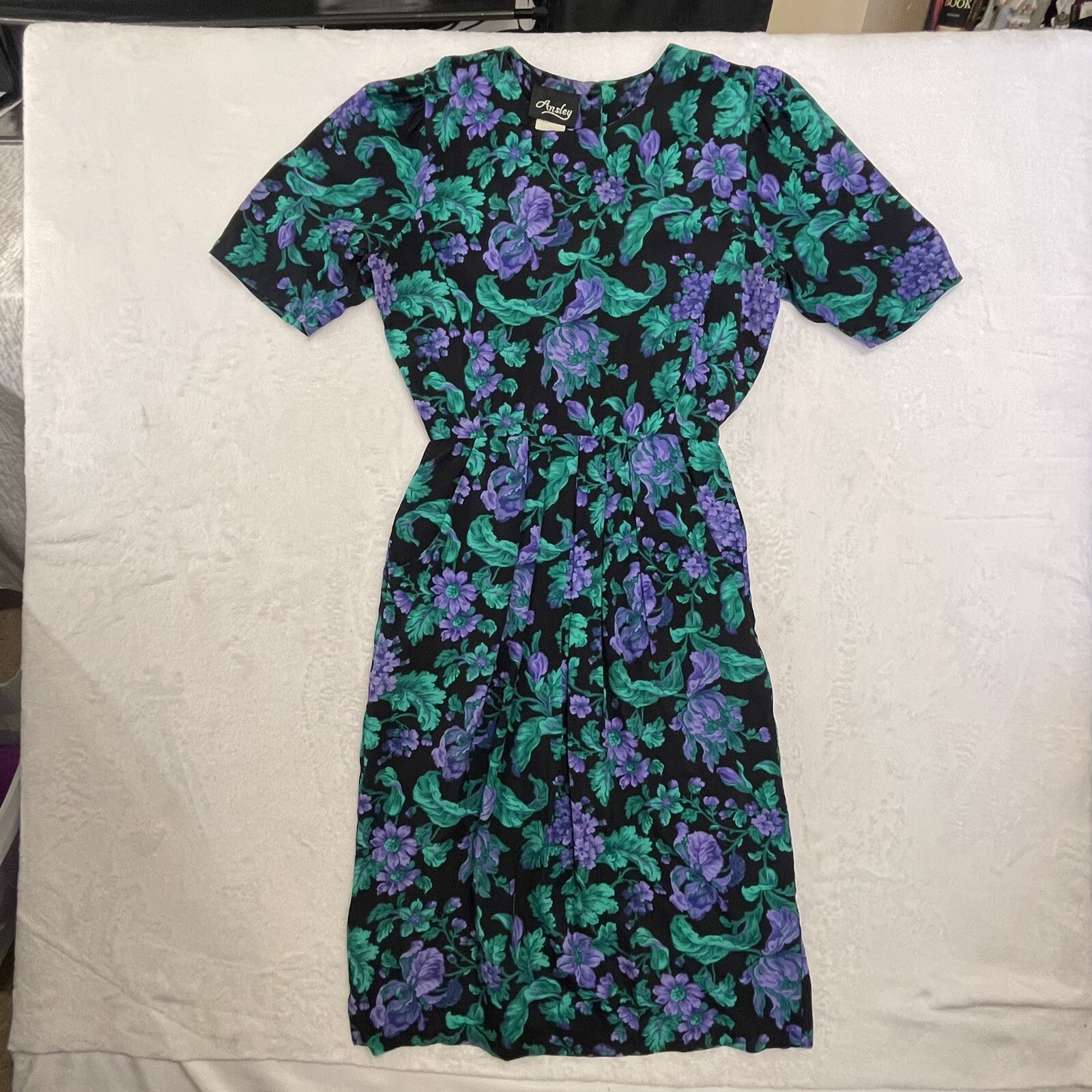 Vintage Ansley Midi Dress Black w/ Purple Flowers Pockets 80s 90s Made USA READ