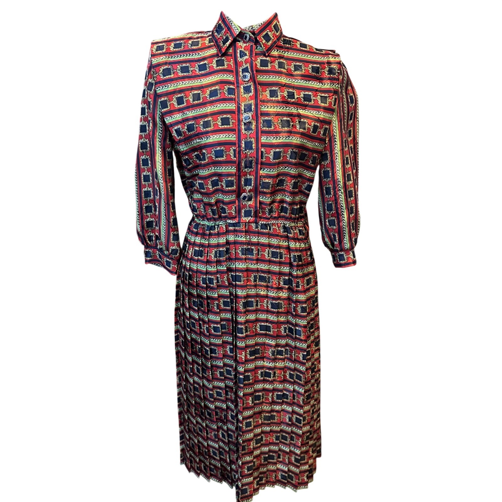 Lady Carol Petites Small Vintage 80s Pleated Midi Dress Red Navy Geometric