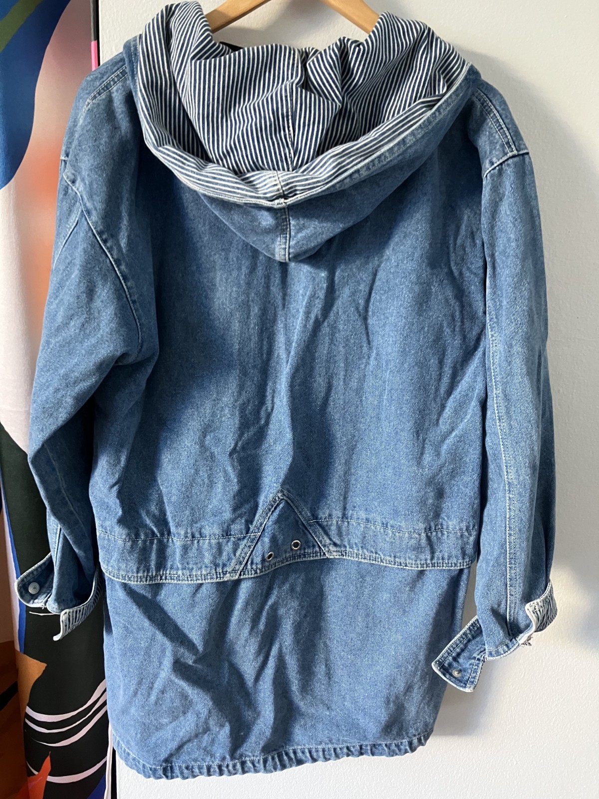 Vintage 90s Andy Johns Long Denim Jean Jacket Zip Front Hooded Women’s M