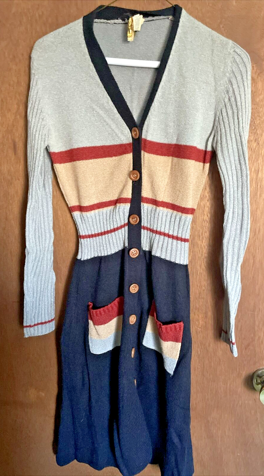 Vintage 1975 International Boutique Button Up Stripe Acrylic Sweater Dress Sz 7