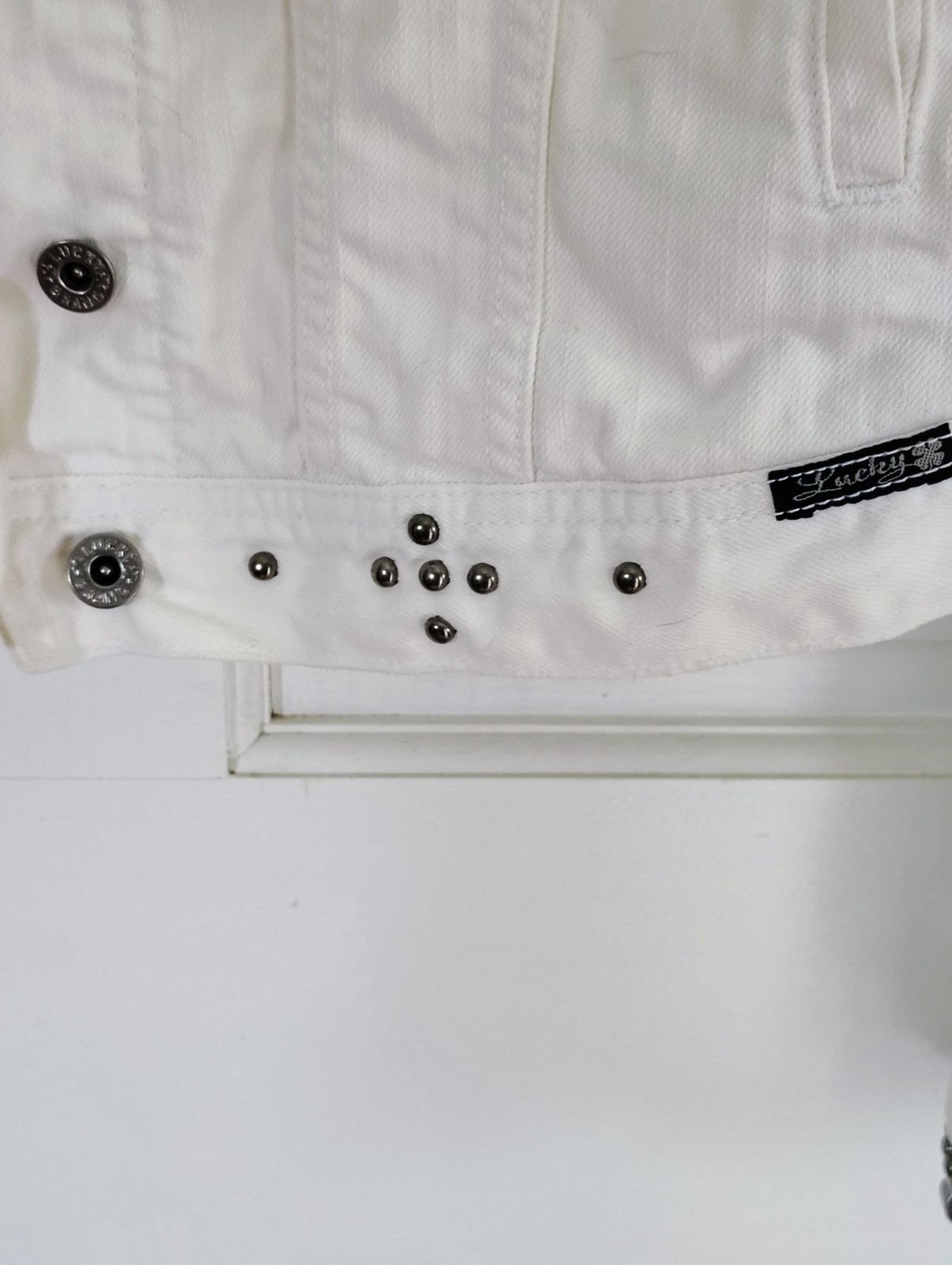 Lucky Brand Studded Denim Jacket XL White Cream Heavy Metal Studs Boho Medallion