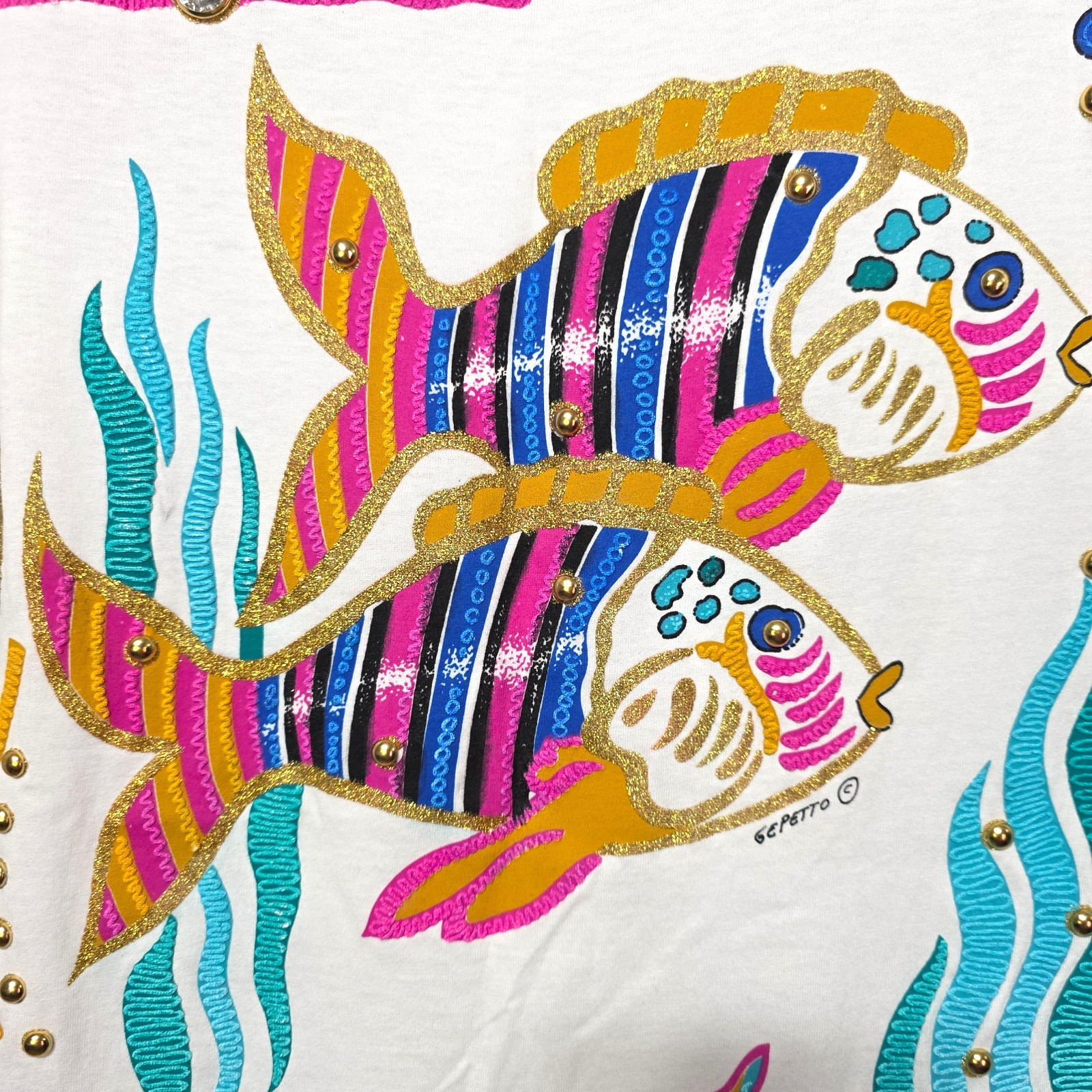Vintage P.G.B T-Shirt Tropical Fish Dress Puff Pain Studs Shoulder Pads Large