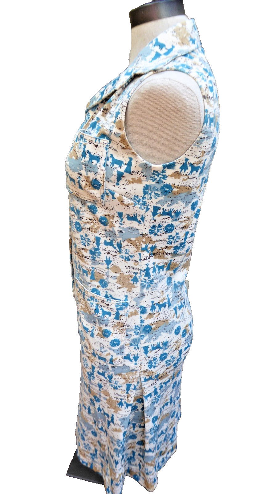 VTG 60s 70s Handmade Novelty Print Shift Dress Blue White Sleeveless Mod Small