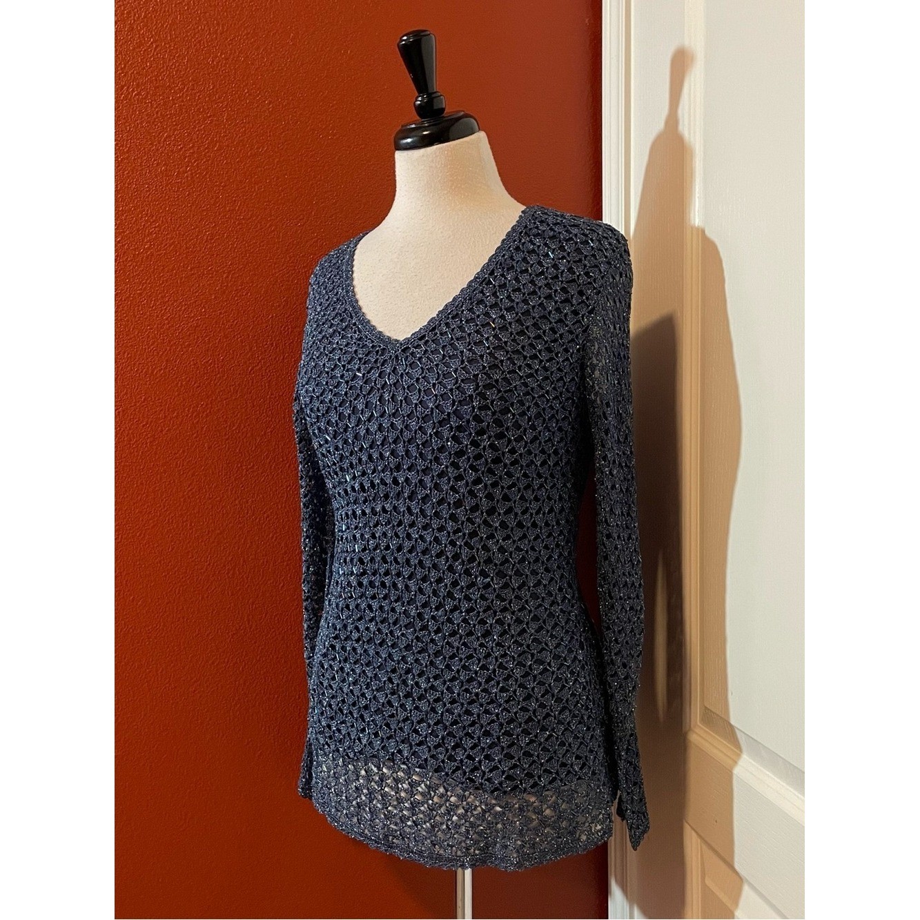 Basix II Women’s Vintage Hand Sequined Shimmer Sheer Open Weave Chainmail Top