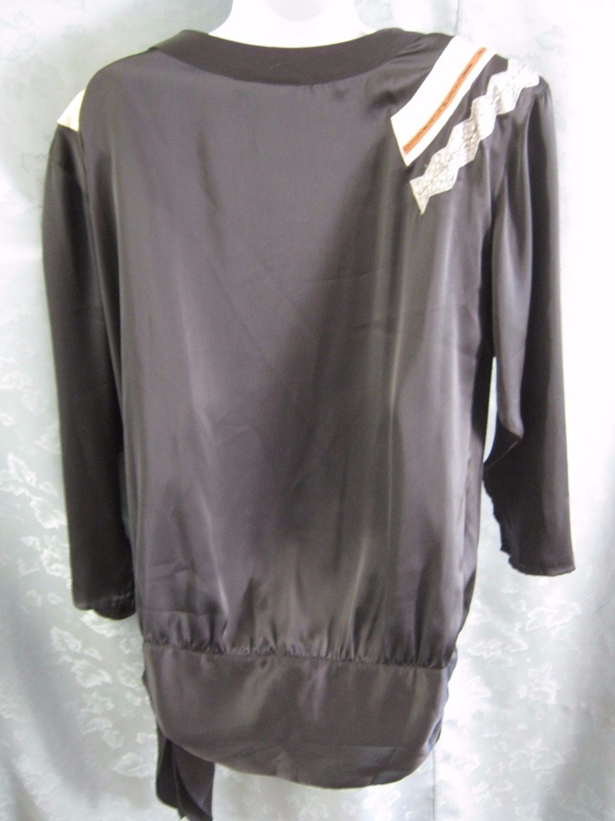 VTG 80’s Sir James Satin Blouse Size Small Leather Applique ~ Side Tie ~ Black
