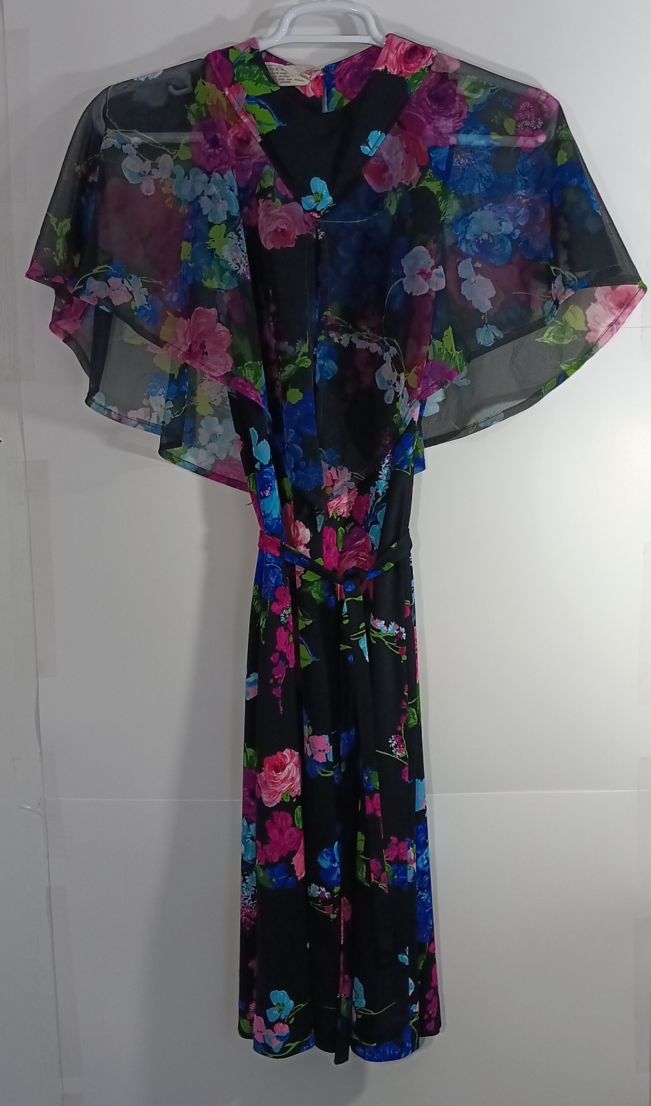 Vintage Floral Cape Sleeve Secretary Dress Black Pink Blue Chiffon Belted Sheer