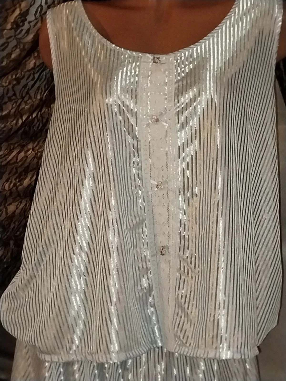VTG SILKY BABY BLUE SHINY STRIPES LACE PANTIES BLOOMERS BLOUSE SLEEP SHIRT 48″