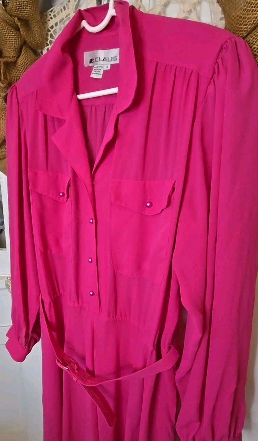 Vintage 1980s Ms Chaus Pink Belted Secretary Dress Size 12 Silky Button Down
