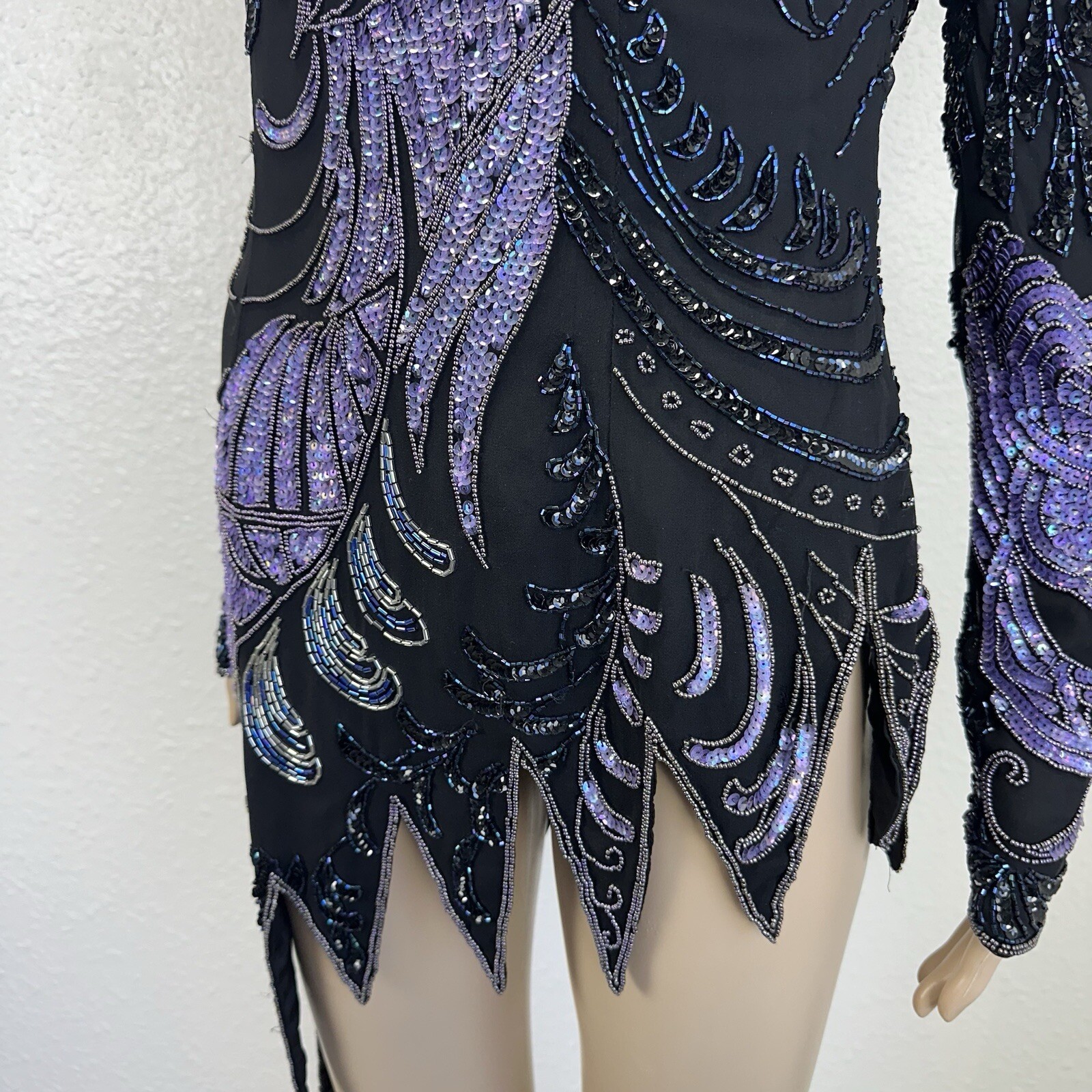 Vtg Fully Beaded Sequin Silk Mini Dress Tunic Peacock Great Gatsby Dancer M