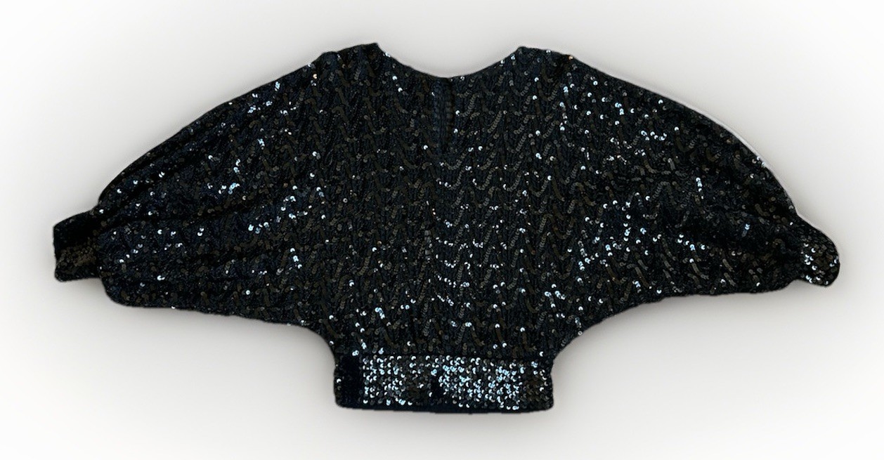 Vintage 80s SAMAX Black Sequin Dolman Top M Batwing Slouchy Crop Glam Cocktail