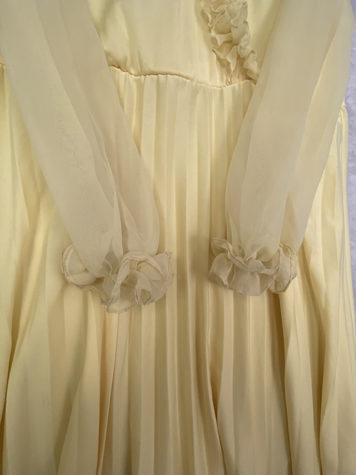 True Vintage 70s Yellow Chiffon Pleated Dress Ruffle Trim Sheer Sleeves USA Made
