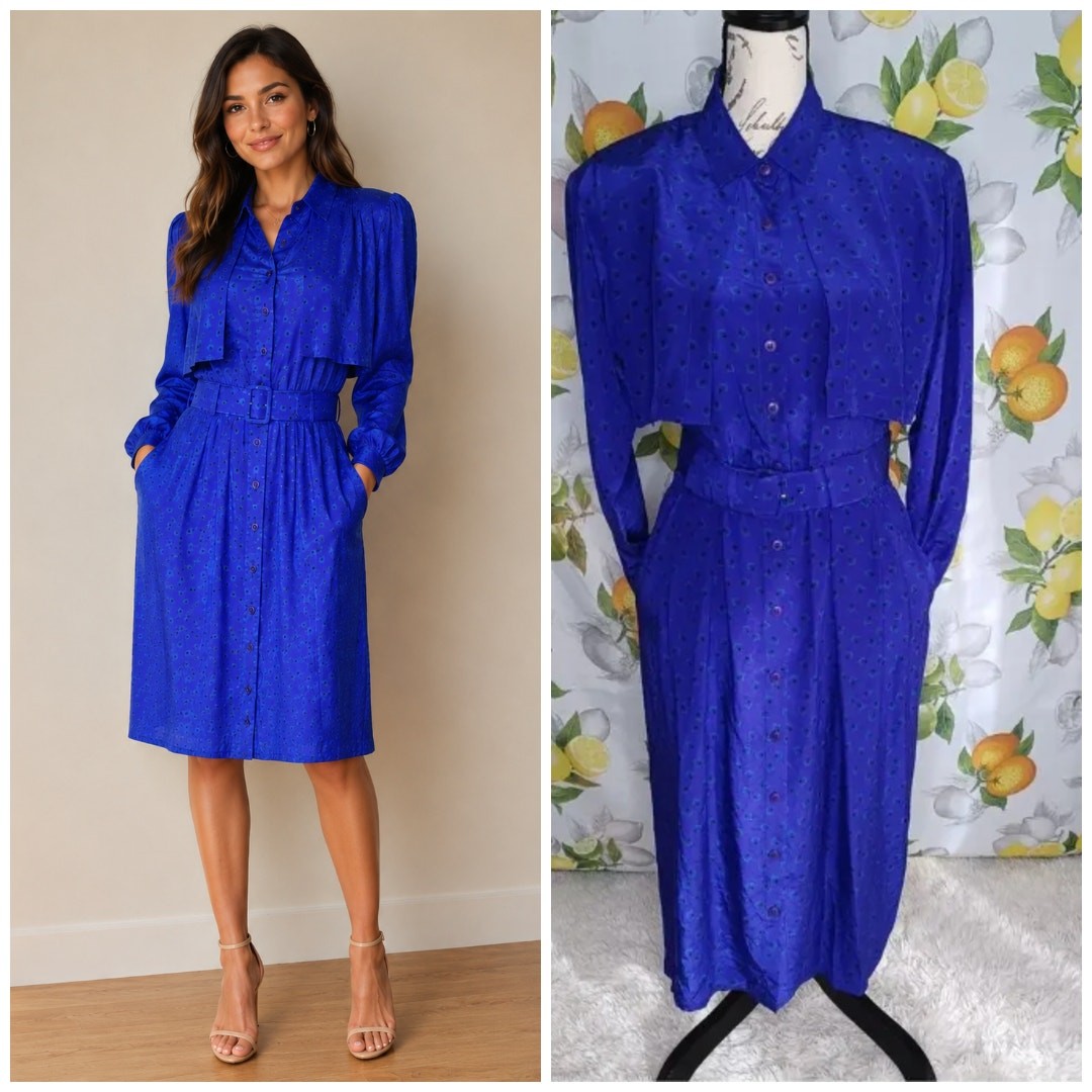NWT Vintage 80’s Maggie London by Jeannene Booher Blue Belted Silk Dress