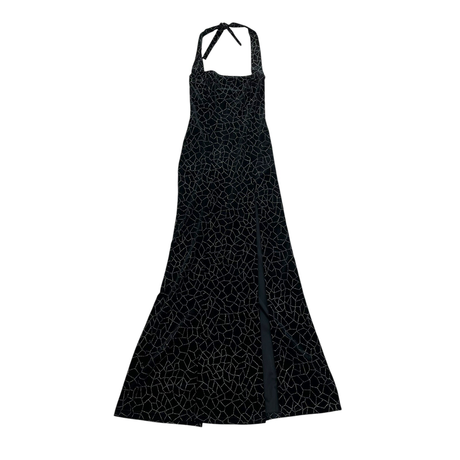 Vintage Y2K 2000s Luly K NYC Black Velvet Silver Glitter Halter Long Dress Sz S