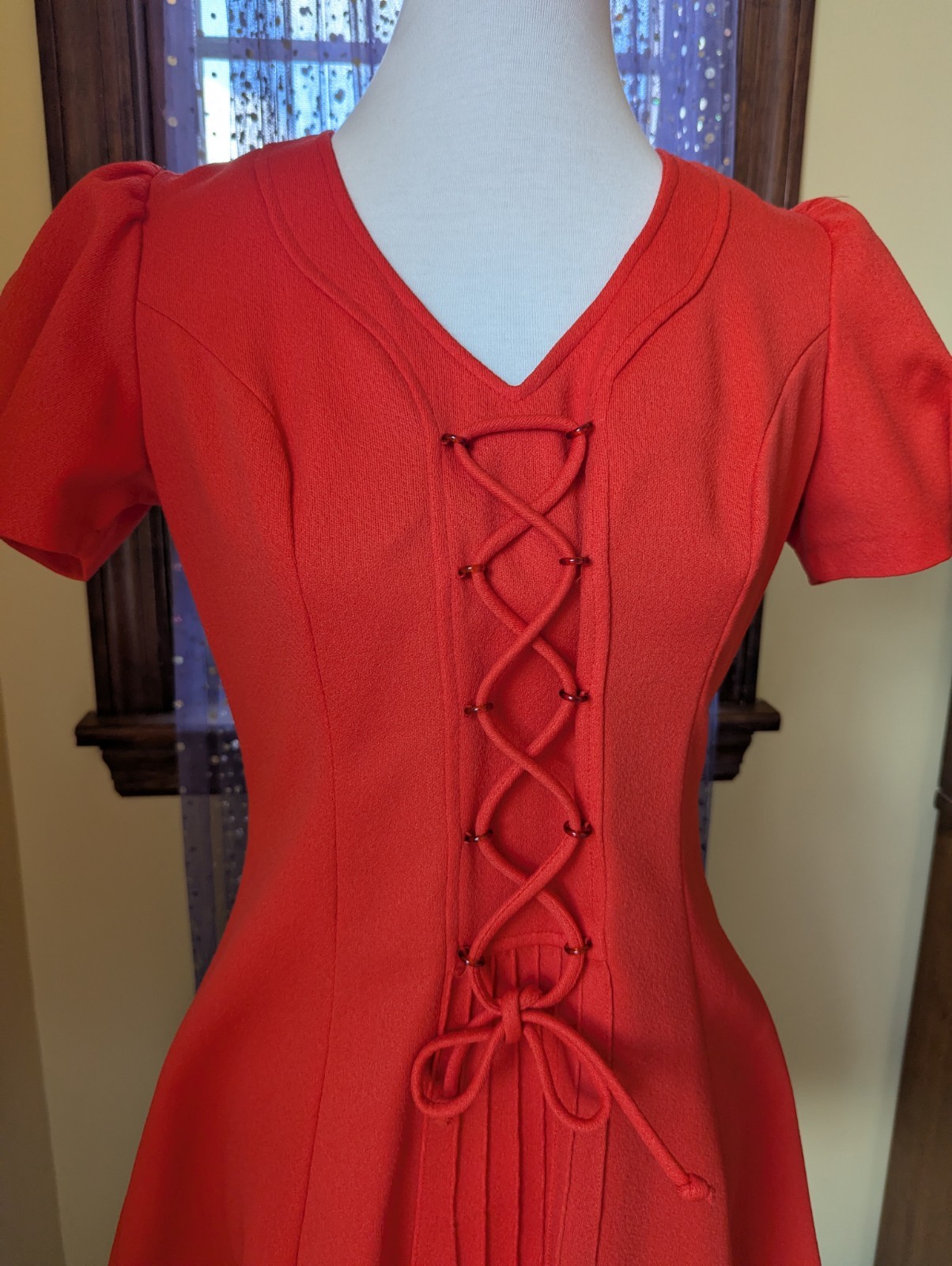 Vintage 70’s Lace Up Polyester Puff Sleeve Babydoll Mini Red Dress Size Small