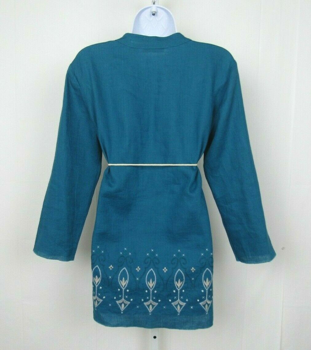 VTG 1980s DANA BUCHMAN TEAL EMBROIDERED LINEN SMOCK TOP & ROPE BELT SIZE 8