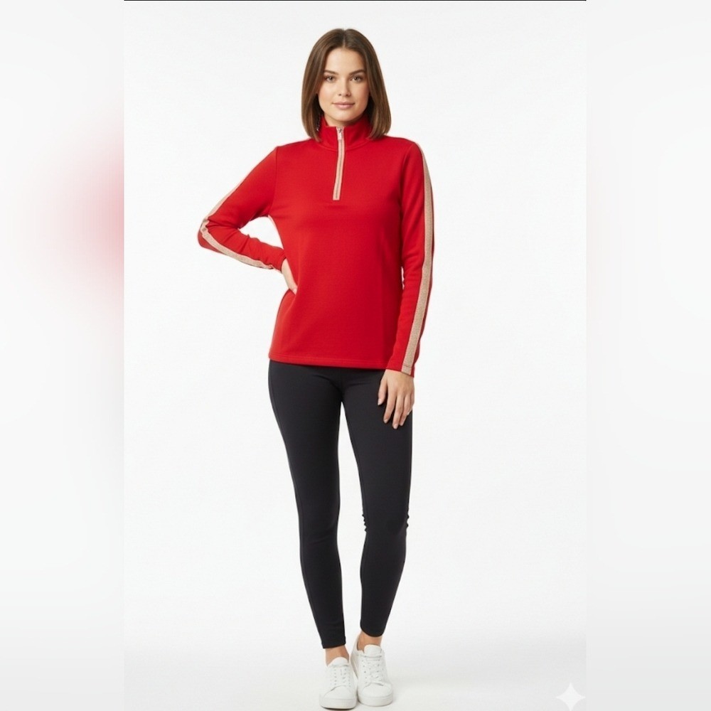 Retro Red Half-Zip Pullover 1/4 zip Sweater with Gold Metallic Side Stripes S