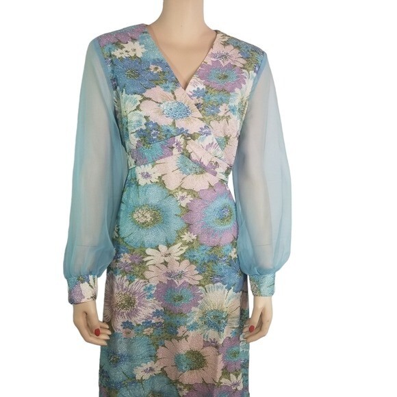 Vtg 70s floral lurex metallic sheer sleeve chiffon hostess formal maxi dress