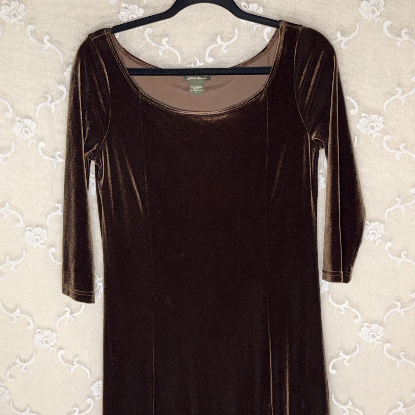 VTG Eddie Bauer Brown Flat Stretch Velvet Long Shift Dress Size Medium 36 Bust