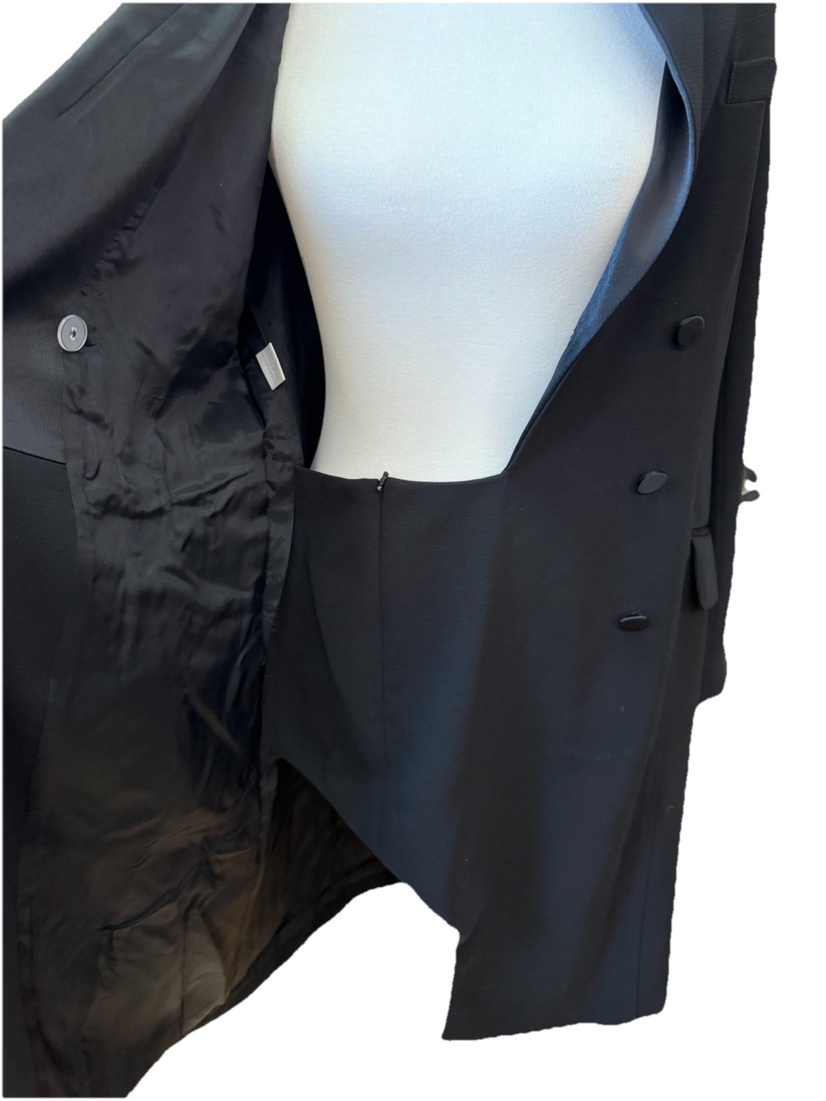 Vtg Jones NY Sz 10 Tuxedo Dress Classic Black Double Breasted Satin Details