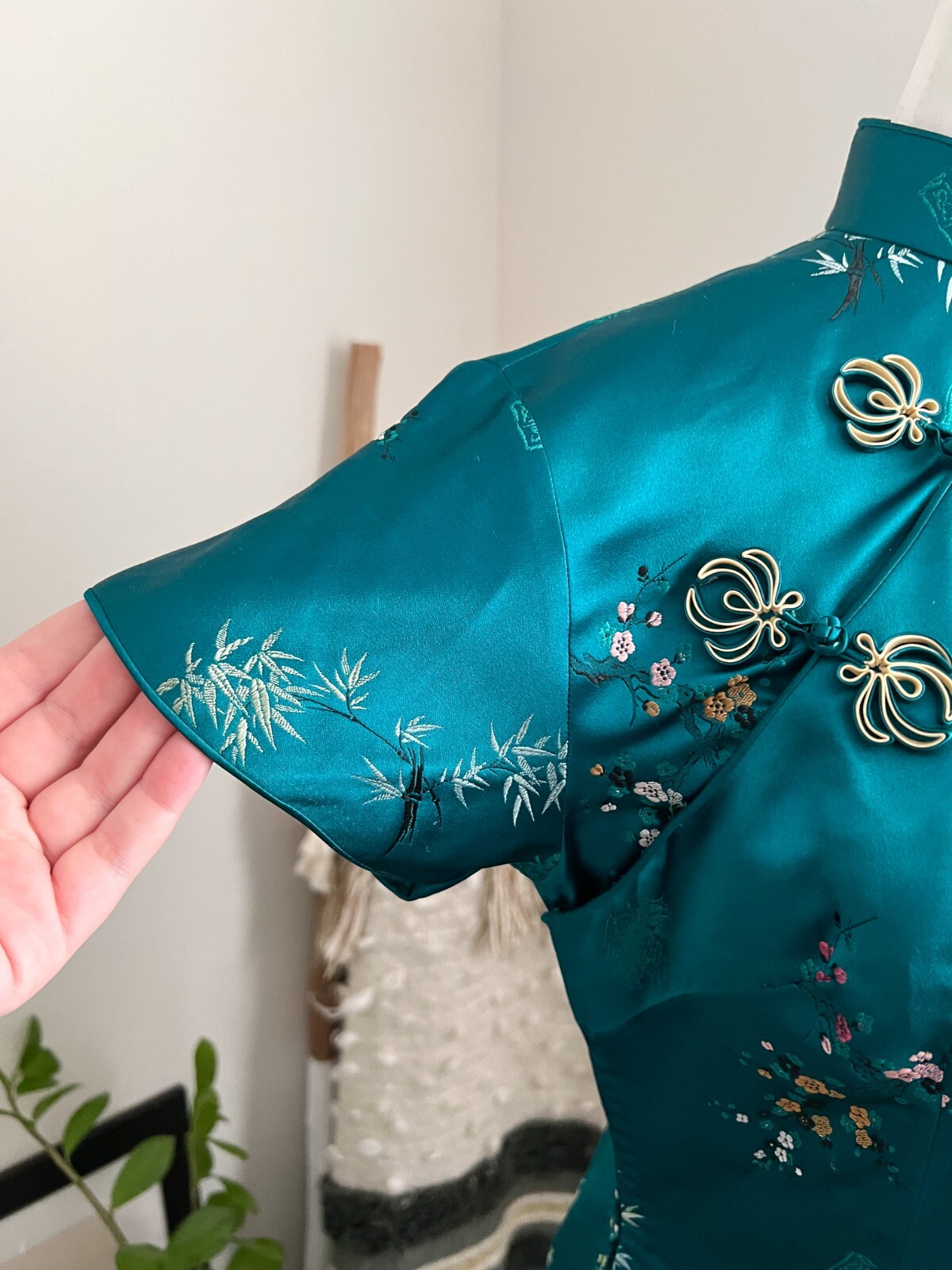 Vintage 1960’s Silk Blue Green Hue 60s Cheongsam Qipao Dress Floral Embroidery