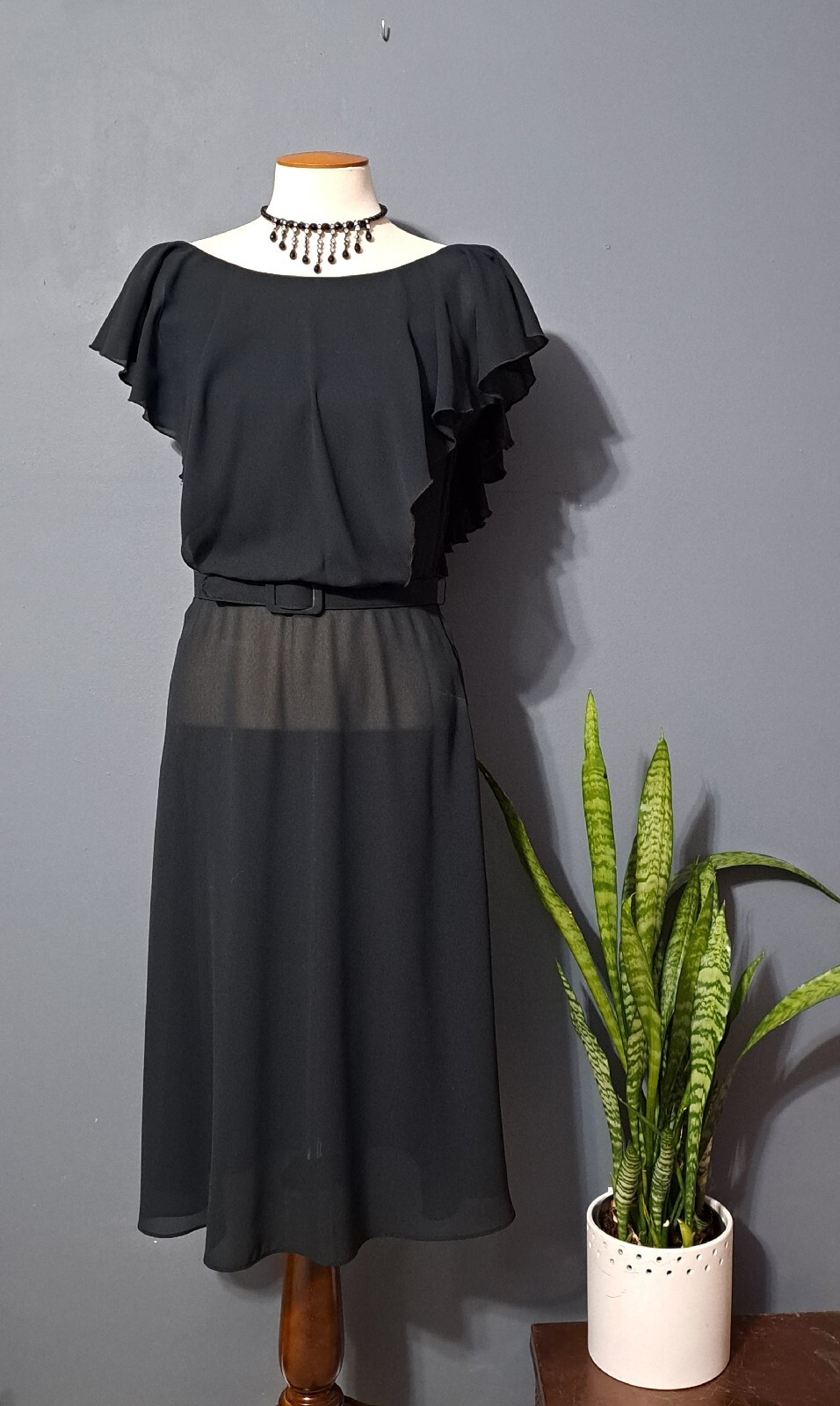 Vintage 1970s Semi-sheer Black Flutter Dress Sz XS/S Surplice Backless