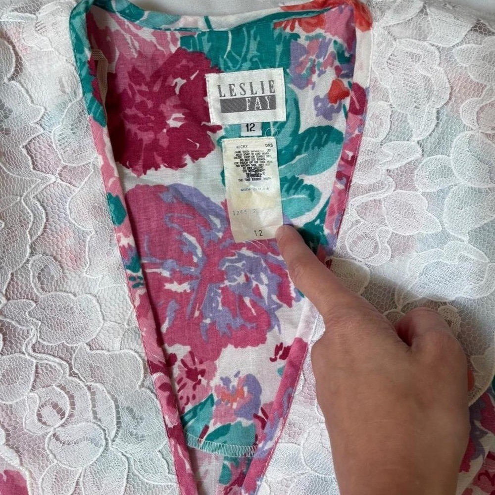 Pink, blue and white floral dress white lace collar belt VTG 80s Leslie Fay M