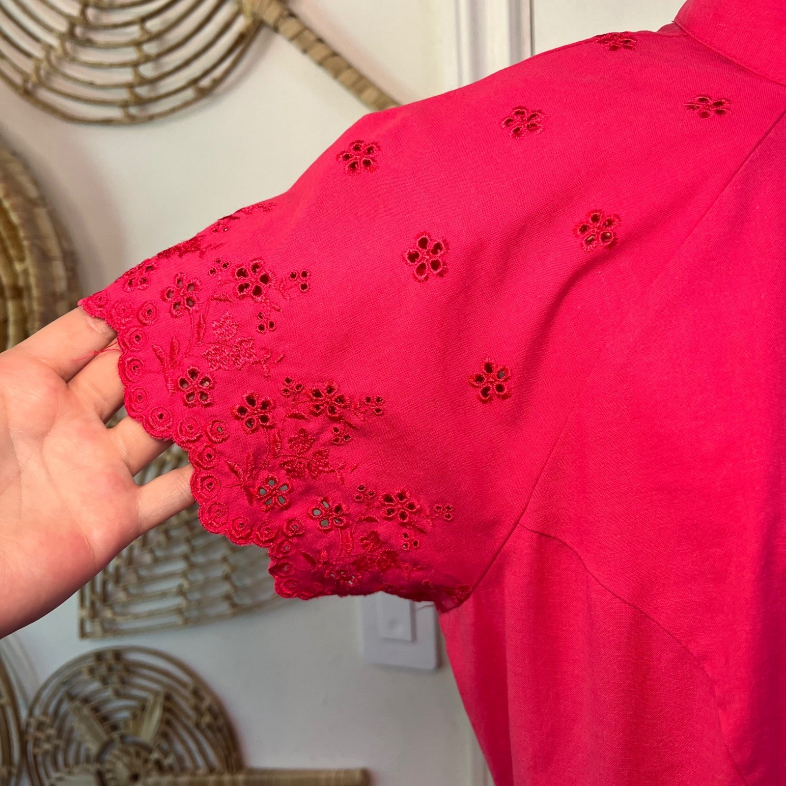 Vintage Impromptu Pink Cotton Midi Dress Eyelet Sleeve Open Back Size 14