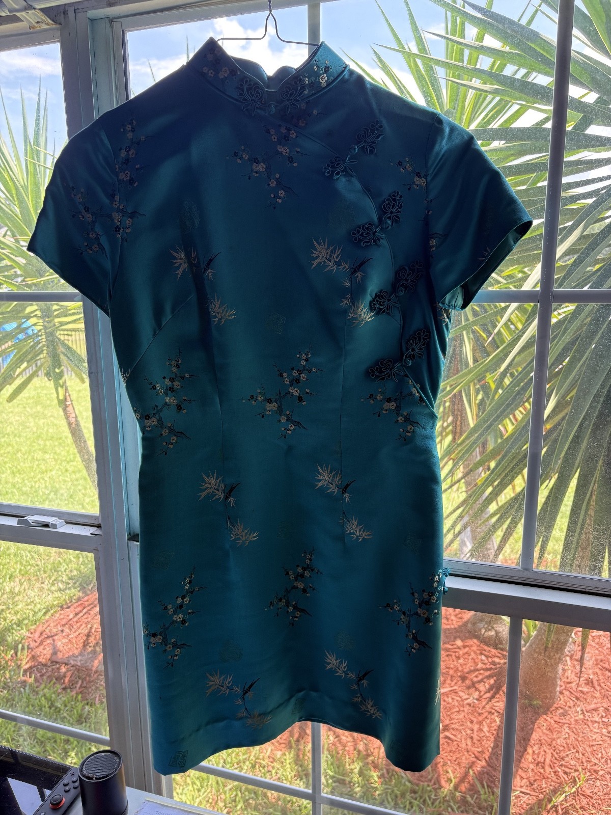 Dorothy Rose Vintage 1970s-1990s Teal Satin Chinese Cheongsam Dress size small