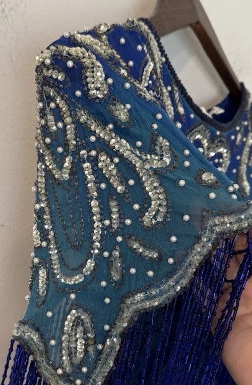 Sweelo Sequin Beaded Silk Formal Evening Dress 8-10 Fringe 80s Vintage Gatsby